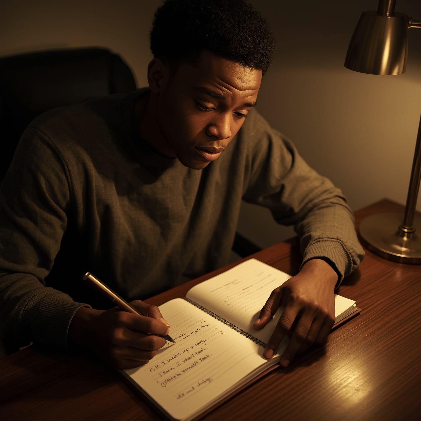 Lucid_Origin_A_Black_20yearold_male_sitting_at_a_desk_in_a_qui_1